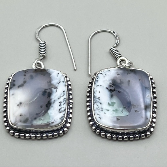 New Dendritic Opal Stone Crystal Silver Overlay Hook Earrings - Picture 3 of 5